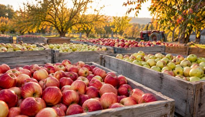 Large wooden crates filled with freshly picked red and green apples in a sunny autumn orchard.